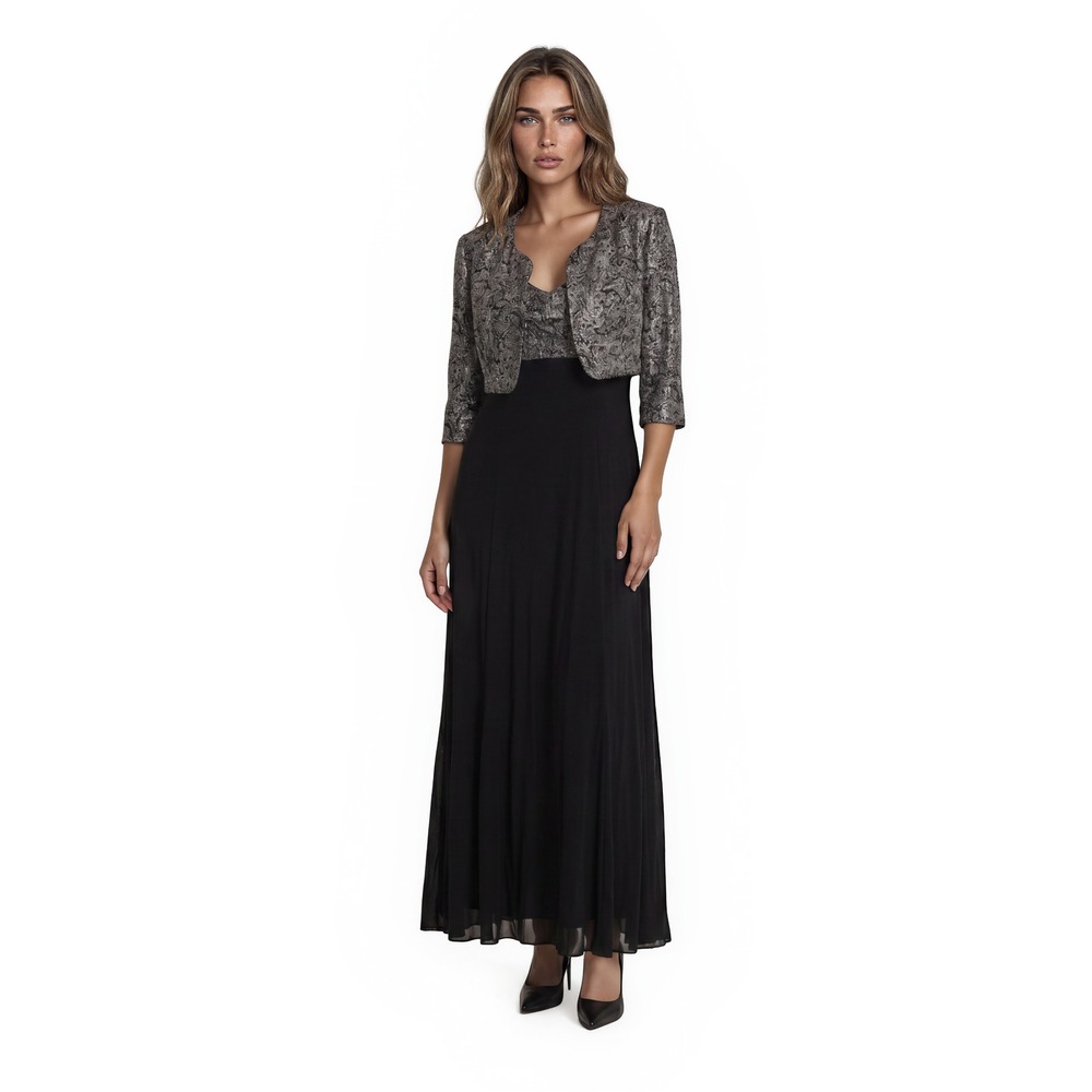 Alex Evenings Maxi Dress Jacket Set Women's Size 8P Petite Black Silver Gown